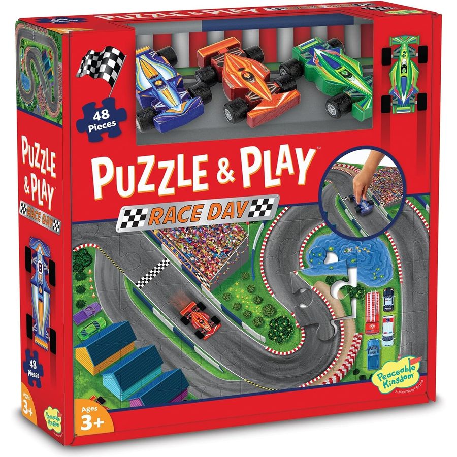 Peaceable Kingdom Jumbo Racetrack Floor Puzzle with 3 Wood Cars